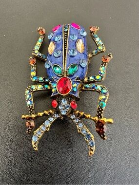Vintage Blue Enameled Beetle Brooch w/ Multicolor Crystal Rhinestones